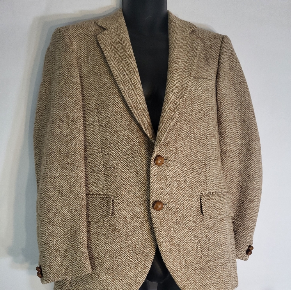 Harris Tweed Mens Blazer Beige Wool 2 Button Half Lined Jacket Sport Coa…